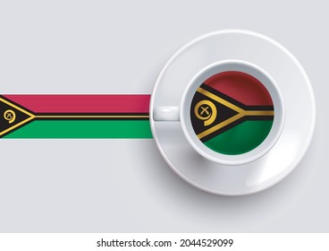 Vanuatu flag with a tasty coffee cup on top view and a gradient background. Hot beverage with Vanuatu flag, vector illustration. 
