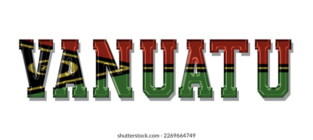 VANUATU flag text font, symbol background, flag ribbon typography lettering logo label banner, 3D colorful background, vector illustration