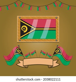 Vanuatu Flags On Frame Wood, Label, Simple Gradient and Vector Illustration