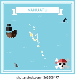 Vanuatu flat treasure map. Colorful cartoon treasure map of Vanuatu with flat icons of pirate ship, jolly roger, treasure chest and banner ribbon. Flat design vector illustration.