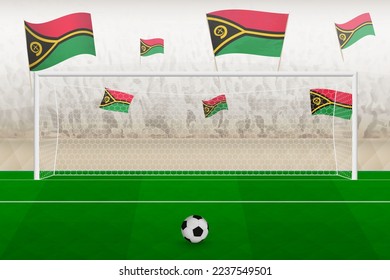 Vanuatu football team fans with flags of Vanuatu cheering on stadium, penalty kick concept in a soccer match. Sports vector illustration.