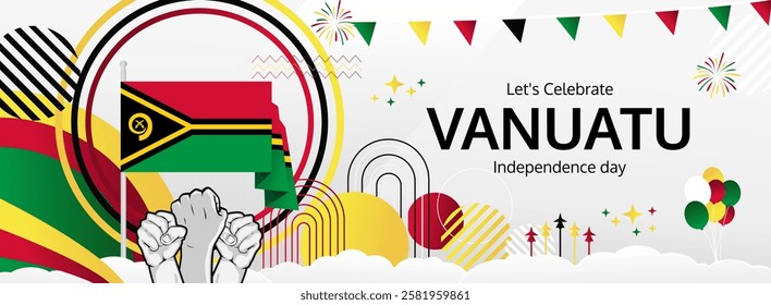 Vanuatu Independence Day design banner with rising hand and national flag. Happy Vanuatu National Day on 30 July. Attractive poster for ads, sale, tourism and travel. Holiday theme