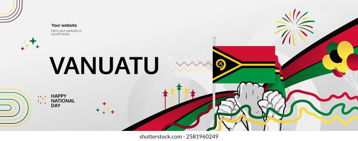 Vanuatu Independence Day modern long banner. 30 July Happy National Day. Holiday joyful party concept in flag colors. Nice for event, festival, feast, support, greeting and travel ads