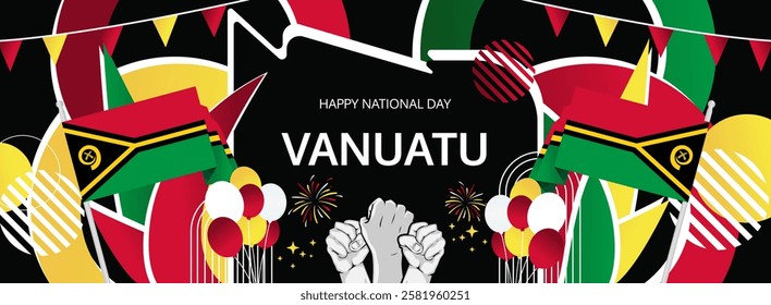 Vanuatu Independence Day modern long banner. 30 July Happy National Day. Holiday joyful party concept in flag colors. Nice for event, festival, feast, support, greeting and travel ads