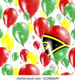 Vanuatu Independence Day Seamless Pattern. Flying Rubber Balloons in Colors of the Ni-Vanuatu Flag. Happy Vanuatu Day Patriotic Card with Balloons, Stars and Sparkles.