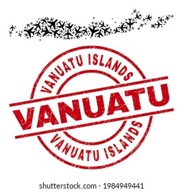 Vanuatu Islands rubber seal, and Flores Islands of Indonesia map mosaic of air force elements. Mosaic Flores Islands of Indonesia map constructed using air planes. Red badge with Vanuatu Islands text,