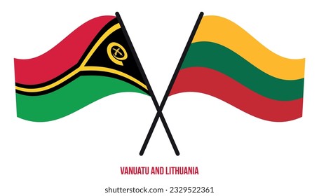 Banderas de Vanuatu y Lituania cruzadas y ondeadas de estilo plano. Proporción oficial. Colores correctos.