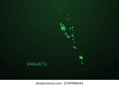 Vanuatu Map - Digital dotted map with glowing green points on dark background, modern technology style, abstract data network design, clean minimal geometric vector illustration.