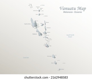 Vanuatu Map, Islands And City With Names, White Blue Card Paper 3D Vector