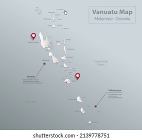 Vanuatu Map, Islands With Names And City, Blue White Card Paper 3D Vector