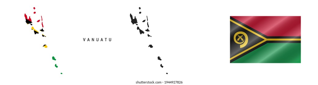 Vanuatu. Map with masked flag. Detailed silhouette. Waving flag. Vector illustration isolated on white.