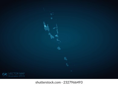 Vanuatu map radial dotted pattern in futuristic style, design blue circle glowing outline made of stars. concept of communication on dark blue background. Vector EPS10