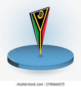 Vanuatu map in round isometric style with triangular 3D flag of Vanuatu, vector map in blue color. 