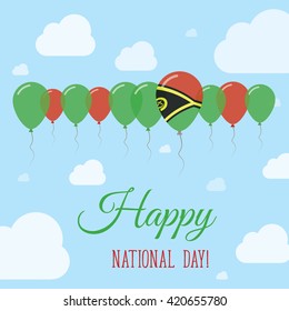 Vanuatu National Day Flat Patriotic Poster. Row of Balloons in Colors of the Ni-Vanuatu flag. Happy National Day Vanuatu Card with Flags, Balloons, Clouds and Sky.