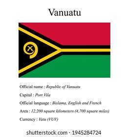 Vanuatu national flag, country's official name, country area size, official language, capital and currency.