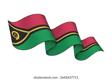 Vanuatu national flag waving ribbon shape with engraved vintage texture