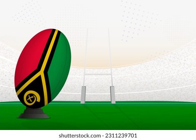 Selección nacional de Vanuatu pelota de rugby en estadio de rugby y puestos de gol, preparándose para un penal o patada libre. Ilustración vectorial.