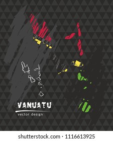 Vanuatu national vector map with sketch chalk flag. Sketch chalk hand drawn illustration