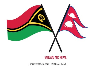 Vanuatu and Nepal Flags Crossed And Waving Flat Style. Official Proportion. Correct Colors.