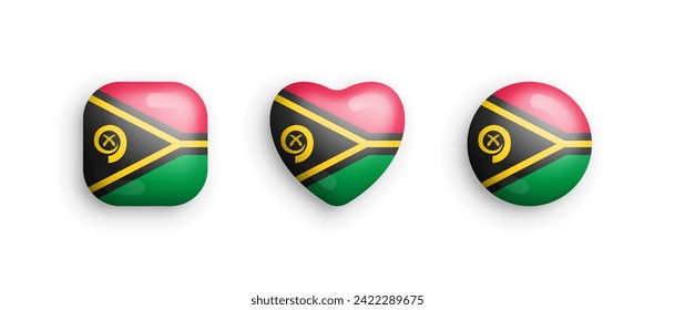 Vanuatu Official National Flag 3D Vector Glossy Icons In Rounded Square, Heart And Circle Shape Isolate On White Background. Sign And Symbols Graphic Design Elements Volumetric Buttons Collection