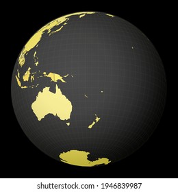 Vanuatu on dark globe with yellow world map. Country highlighted with blue color. Satellite world projection centered to Vanuatu. Powerful vector illustration.
