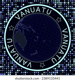 Vanuatu on globe vector. Futuristic satellite view of the world centered to Vanuatu. Geographical illustration with shape of country and squares background. Bright neon colors on dark background.