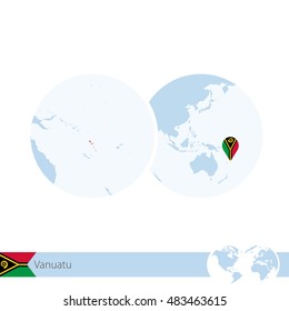 Vanuatu on world globe with flag and regional map. Vector Illustration.