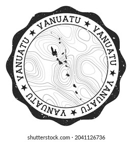 Vanuatu outdoor stamp. Round sticker with a map of the country with topographic isolines. Vector illustration. Can be used as insignia, logotype, label, sticker or badge of Vanuatu.