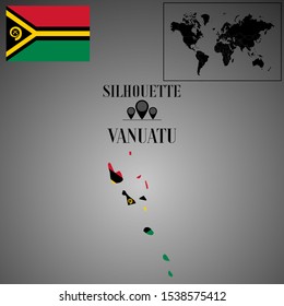 Vanuatu outline world map silhouette vector illustration, creative design background, national country flag, objects, element, symbols from countries all continents set.