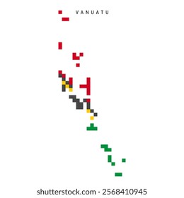 Vanuatu pixel flag map icon. 8 bit pixel art Vanuatuan map covered with flag. Flat vector illustration isolated on white background.