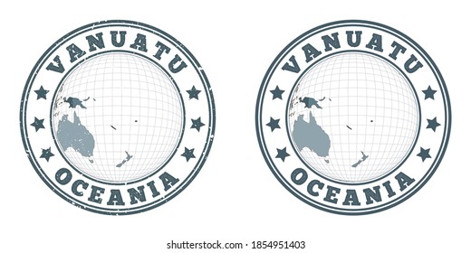 Vanuatu round logos. Circular badges of the country with a map of Vanuatu in a world context. Plain and textured country stamps. Vector illustration.
