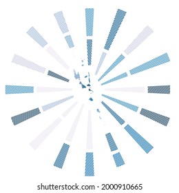 Salto de sol de Vanuatu. Rayos de rayas bajas de poli y mapa del país. Ilustración vectorial vibrante.
