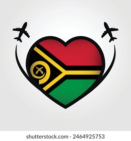 Vanuatu Travel Heart Flag With Airplane Icons