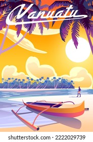 Vanuatu Tropical Beach Island Landschaft. Handgefertigte Zeichenkette, Vektorgrafik. Reiseplakatdesign im Retro-Stil.