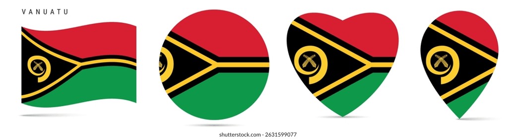Vanuatu waving flag, round circle sticker badge, heart shaped icon, map pin. Vanuatuan flag buttons of different shapes. Vector illustration isolated on white.