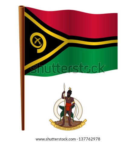 vanuatu wavy flag and coat of arm against white background, vector art illustration, image contains transparency