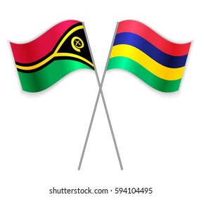 Vanuatuan and Mauritian crossed flags. Vanuatu combined with Mauritius isolated on white. Language learning, international business or travel concept.