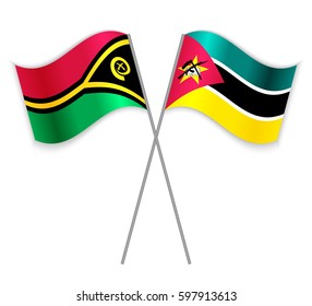 Vanuatuan and Mozambican crossed flags. Vanuatu combined with Mozambique isolated on white. Language learning, international business or travel concept.