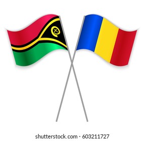 Vanuatuan and Romanian crossed flags. Vanuatu combined with Romania isolated on white. Language learning, international business or travel concept.