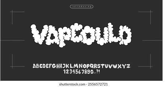 Vapcould is Clould font Clouds Fluffy Font. Cloudy Sky Alphabet. Cartoon Azure Letters and Numbers. ABC of white clouds in black and white vector. Alphabet of chubby letter vape style y2k modern bold