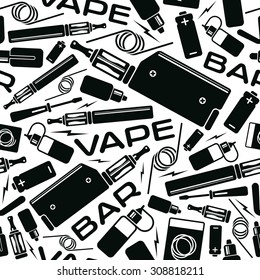 Vape bar seamless pattern. Black print on white background
