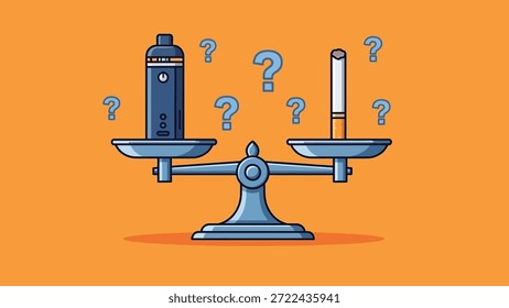 Un vaporizador y un cigarrillo están equilibrados en una escala, rodeados de signos de interrogación, que simbolizan el debate y la incertidumbre en torno a sus impactos y comparaciones en la salud.