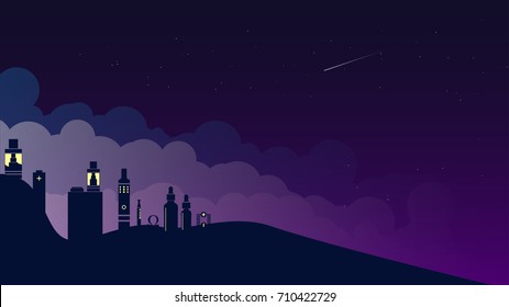 vape city lights concept. silhouette vape devices and e liquid on a night scene idea can be used for backgrounds or banners. 