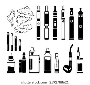 Vape Clip Art Design, Flat Set Of Electronic Cigarette Vector Icons For Design.