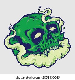 Vape Cloud Green Skull Vector illustrations for your work Logo, mascot merchandise t-shirt, stickers and Label designs, poster, greeting cards advertising business company or brands.