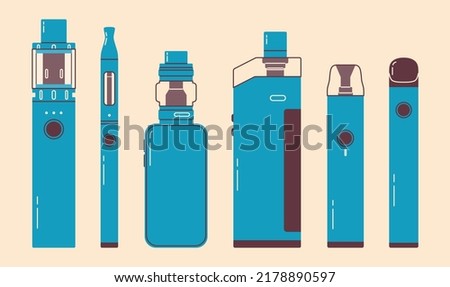 Vape colorful set. Electronic cigarettes and vape set. Modern vector illustration. Variety of designs vape pens and pod mods. Flat vector design for web.