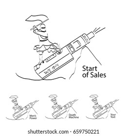 vape commercial illustration with men pushing on vape pen with his leg