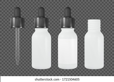 Frasco de Vape o cosmético con pipeta. Vial blanco abierto y cerrado con etiqueta. Modelación vectorial realista