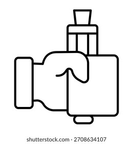 Vape Gerät in der Hand dünne Linie Symbol, Vaping Konzept. Vektorgrafiken. Hand mit Dampfzeichen auf weißem Hintergrund, Umrissstil-Symbol für Mobil- oder Webdesign