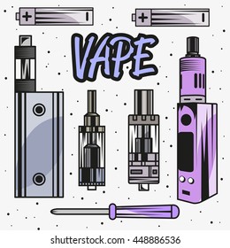 Vape device and parts vector illustration. Vape smoking concept. Electronic cigarette.
